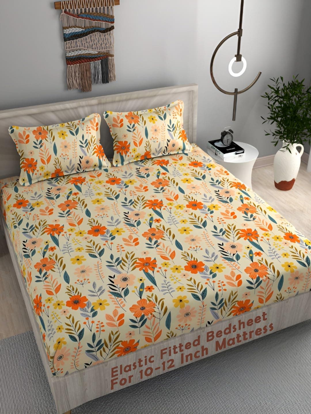 DECOMIZER XXL Microfiber Soft Cotton Super King Size Bedsheet for Double Bed, King Size 108 Inches X 108 Inches, 9 Feet, 275 X 275 cm with 2 Large Size Pillow Covers - YellowOrangeFlowers