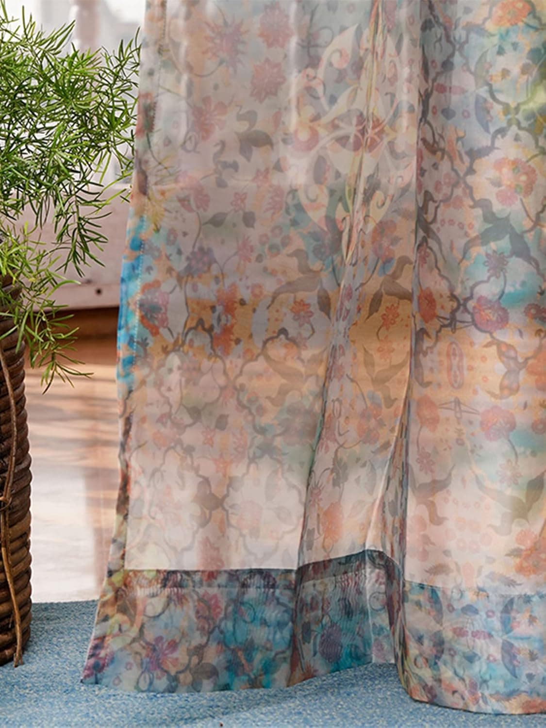 ZEBA World Transparent Organza Sheer Curtain for Door | Bedroom and Living Room | Soft and Light Weight | Printed Floral Abstract in Multicolor - 50x90 inches (7.5feet Long) (Pack of 1)