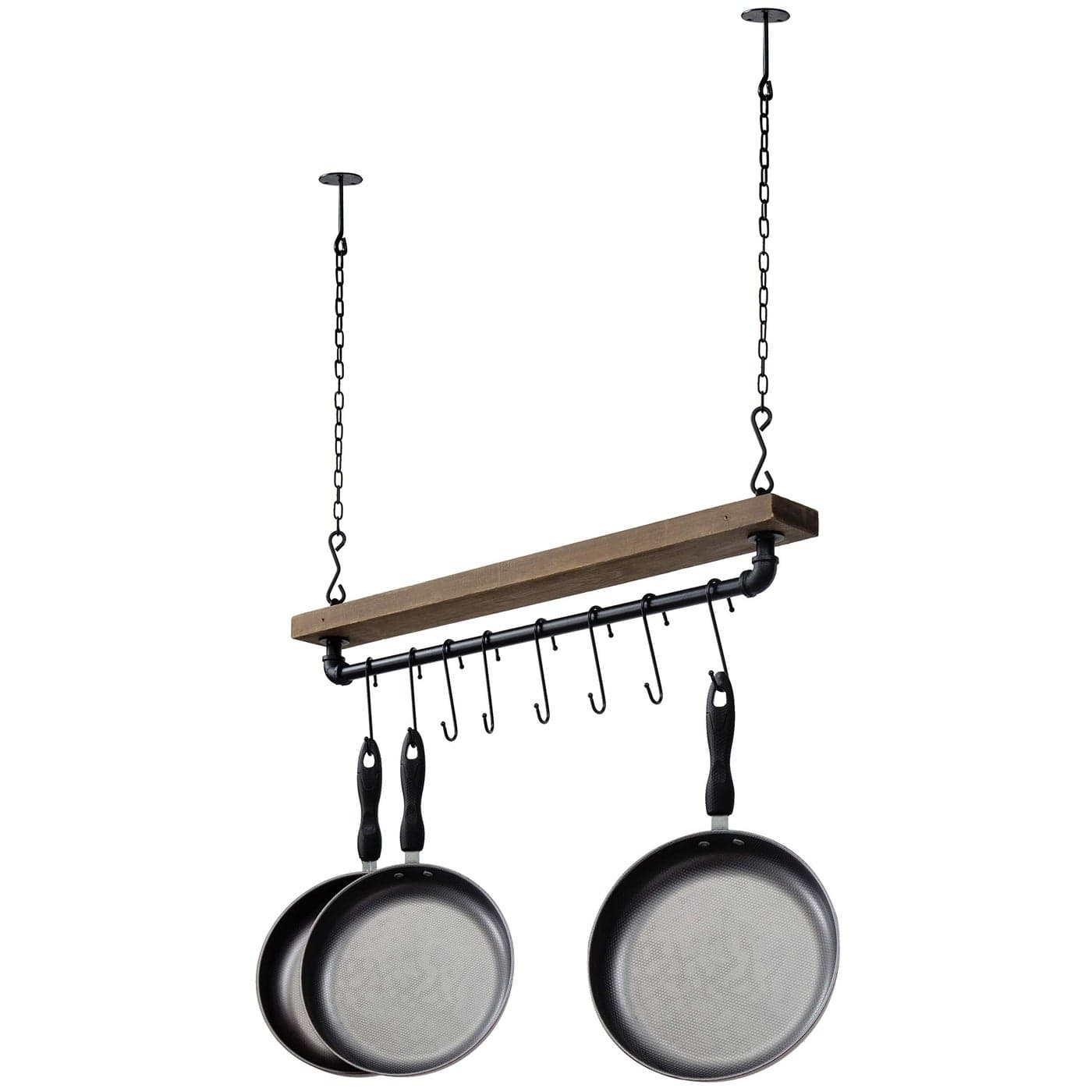 MyGift 30 Inch Ceiling or Wall Mounted Pot Rack with Rustic Brown Solid Wood Shelf and Industrial Matte Black Metal Pipe Hanging Cookware Utensils Organizer with 8 SHooks