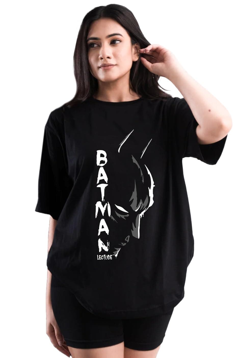 LEOTUDE Womens Oversized Round Neck Cottonblend Half Sleeve T-Shirts (GRL_FS49_Black_Batman_P_Black_S)