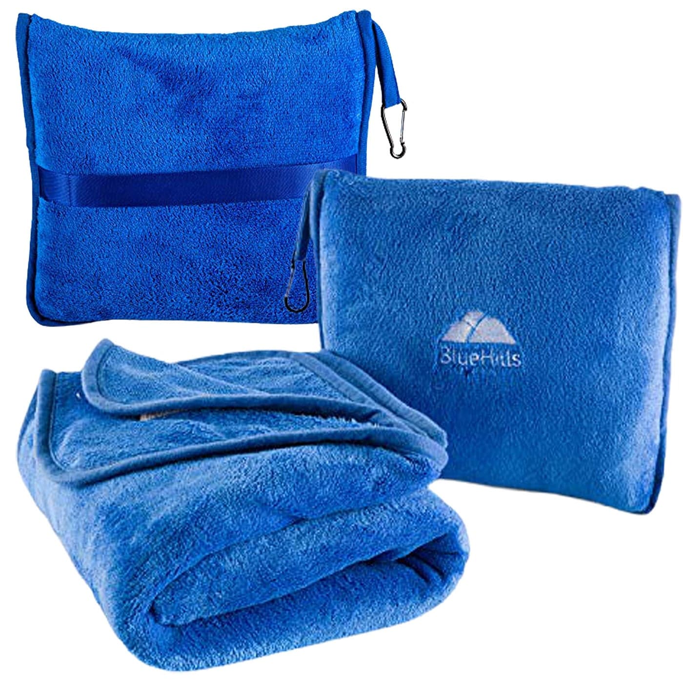 BlueHills Premium Soft Travel Blanket Pillow Airplane Blanket Packed in Soft Bag Pillowcase with Hand Luggage Belt and Backpack Clip Compact Pack Large Plush for Any Travel Royal Blue T003