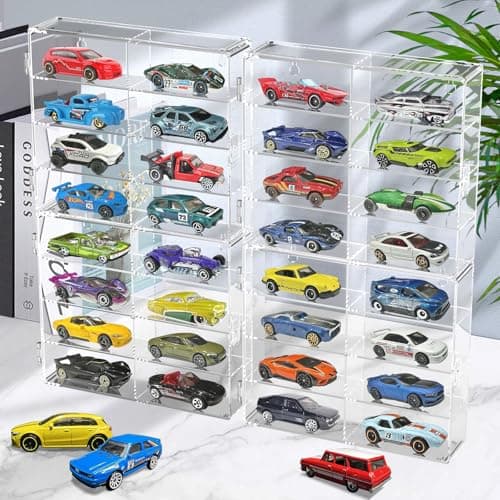 CHONOVO 164 Scale Toy Cars Display Case for Matchbox Hot Wheels Hold 32 Toy Cars Storage Case Organizer Box Wall Display Clear Model Car Case Holder Container Shelf 65 X 75 X 16 Inch 4 Pack