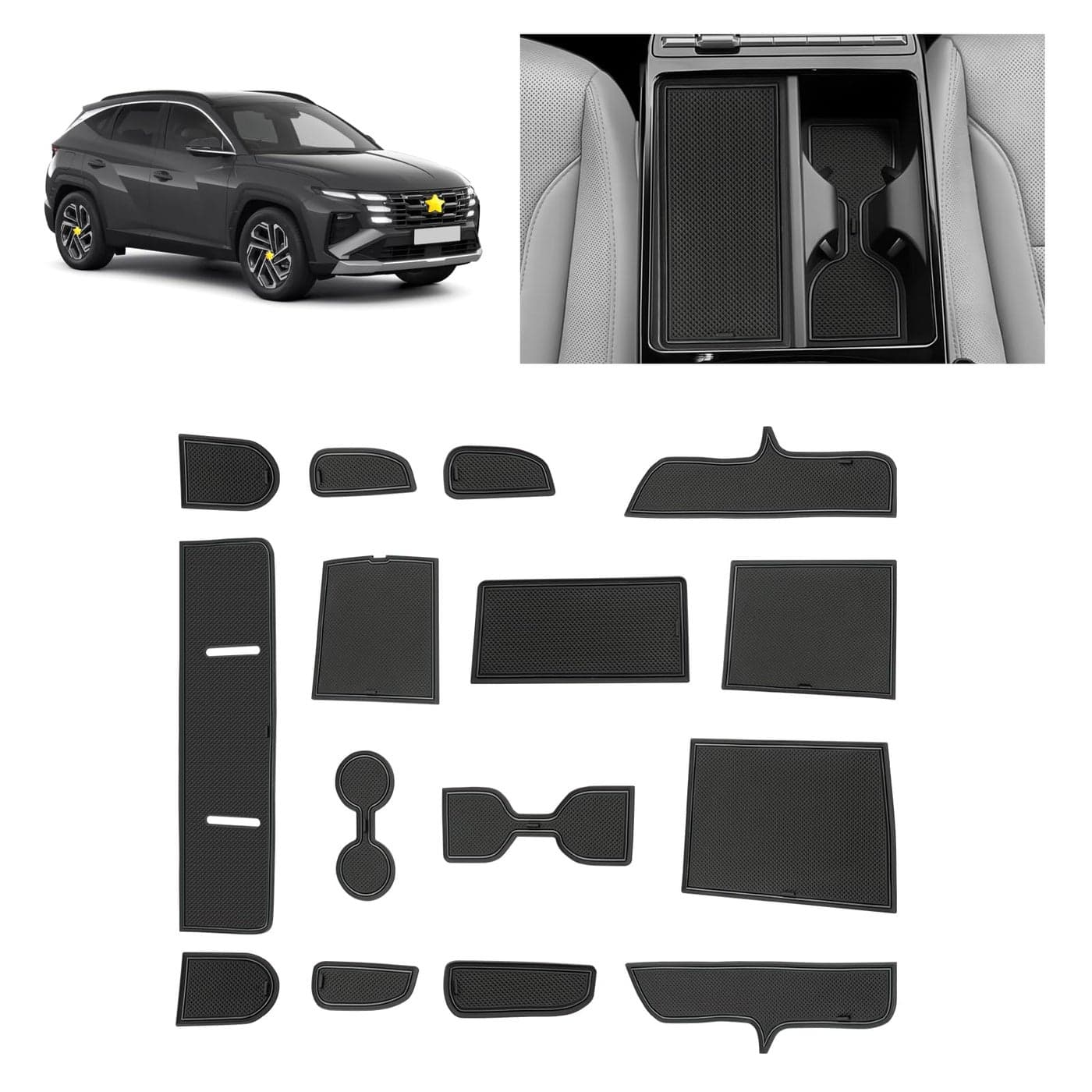 SKTU Door Slot Mat for 2025 2026 Hyundai Tucson Accessories Door Groove Gate Pad 15Pcs Fit 2025 2026 Hyundai Tucson Limited Door Compartment Cup Console Liners Tucson Hybrid Floor Liners Black