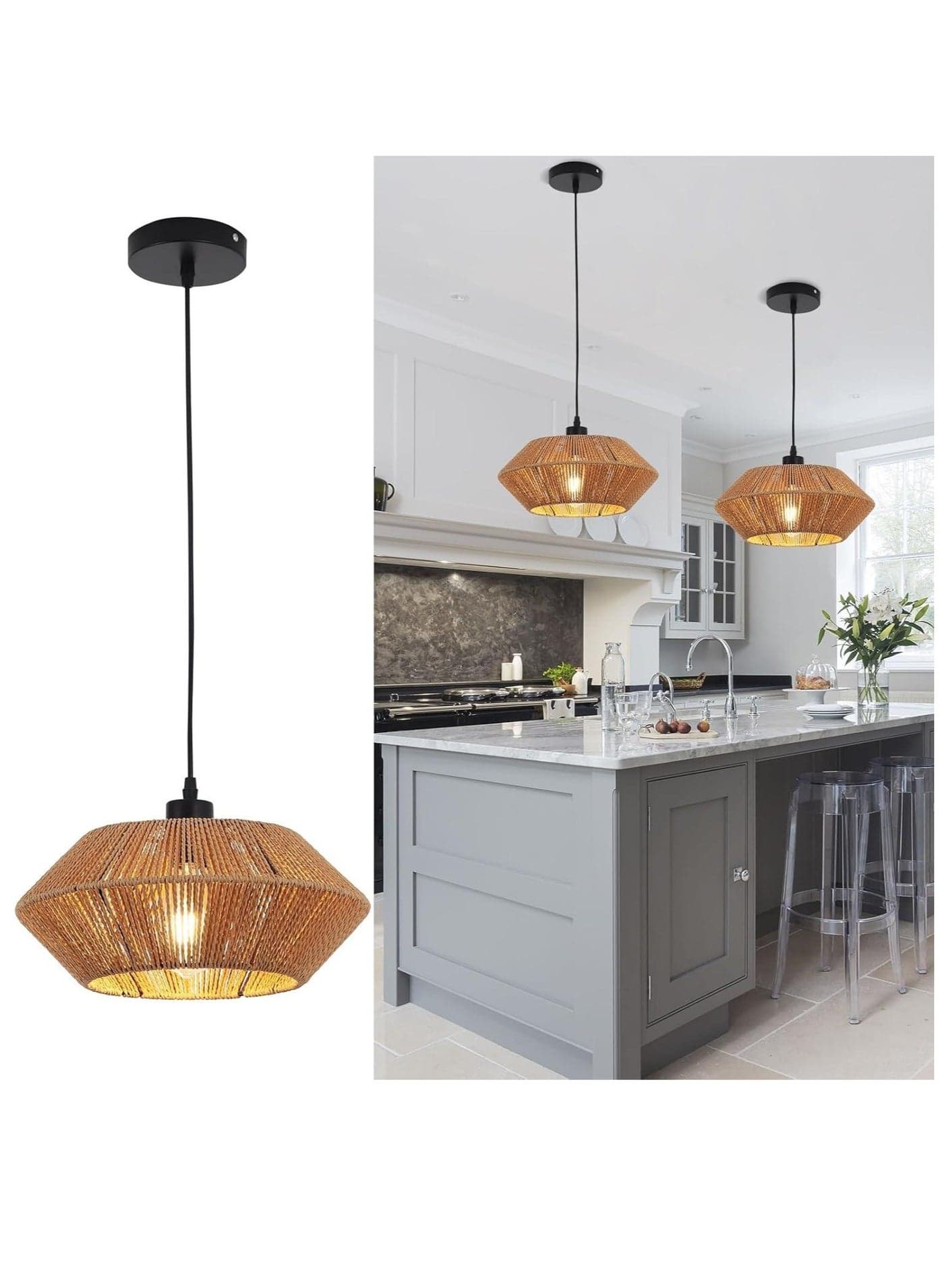 Woven Pendant Lights Chandeliers Rustic Rattan Hanging Lamp Adjustable Handwoven Basket Shade Boho Pendant Light Fixtures for Kitchen Island Dining Room Bedroom Farmhouse Hallway 32 CM