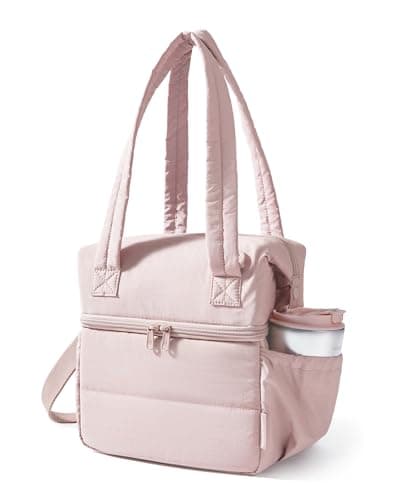 BAGSMART Double Deck Lunch Bag Women Insulated Reusable Lunch Box Quilted Puffer Lunch Tote with Shoulder Strap Durable Large Lunch Cooler For Work Picnic Travel Meal Prep Flight Pink
