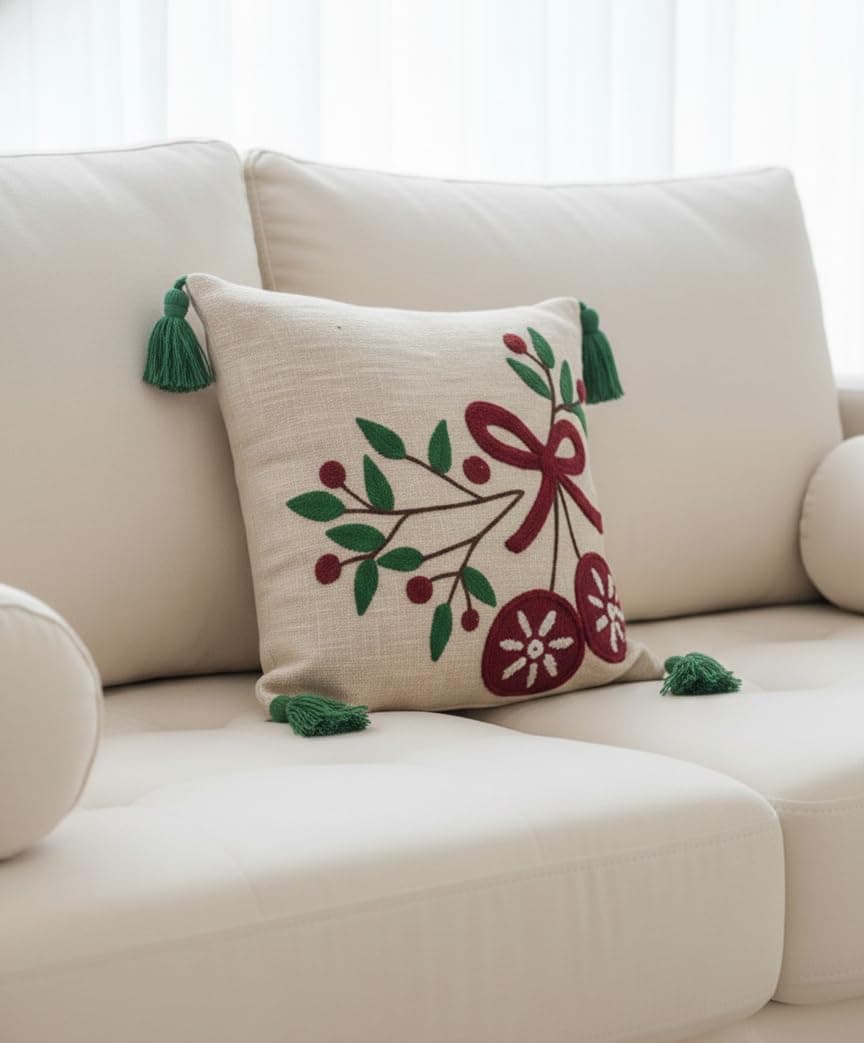 Furnistitchs Embroidered Christmas Cushion Cover | Festive Square Throw Pillow Case | 16x16 Inches (40x40 cm) | Home Decor & Xmas Decoration (1, Ribbon)
