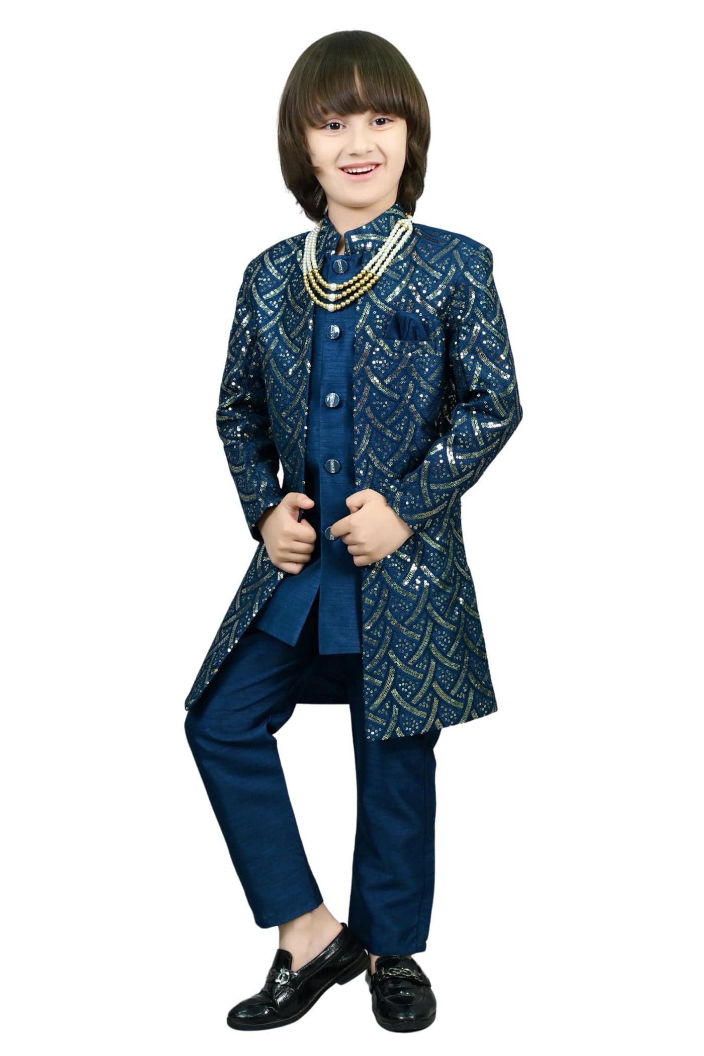 AHHAAAA Royal Prince Sequin Embroidered Silk Blend Sherwani for Boys | Wedding & Festival Ethnic Wear ||Blue, 9-10 Years|