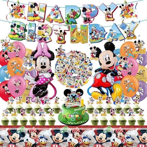 Cartoon Party Supplies Cute Mouse Birthday Party Decorations Include Happy Birthday Banner Balloons Hanging Swirls Stickers Cake Toppers Tablecloth
