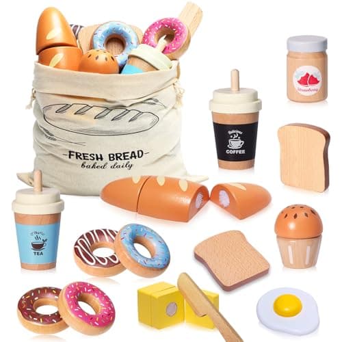 Wooden Bakery Playset Food Toys Kids Pretend Play Food Baking Set Kitchen Accessories with Storage Bag Pretend Play Bread Cutting Food for Boys Girls 3