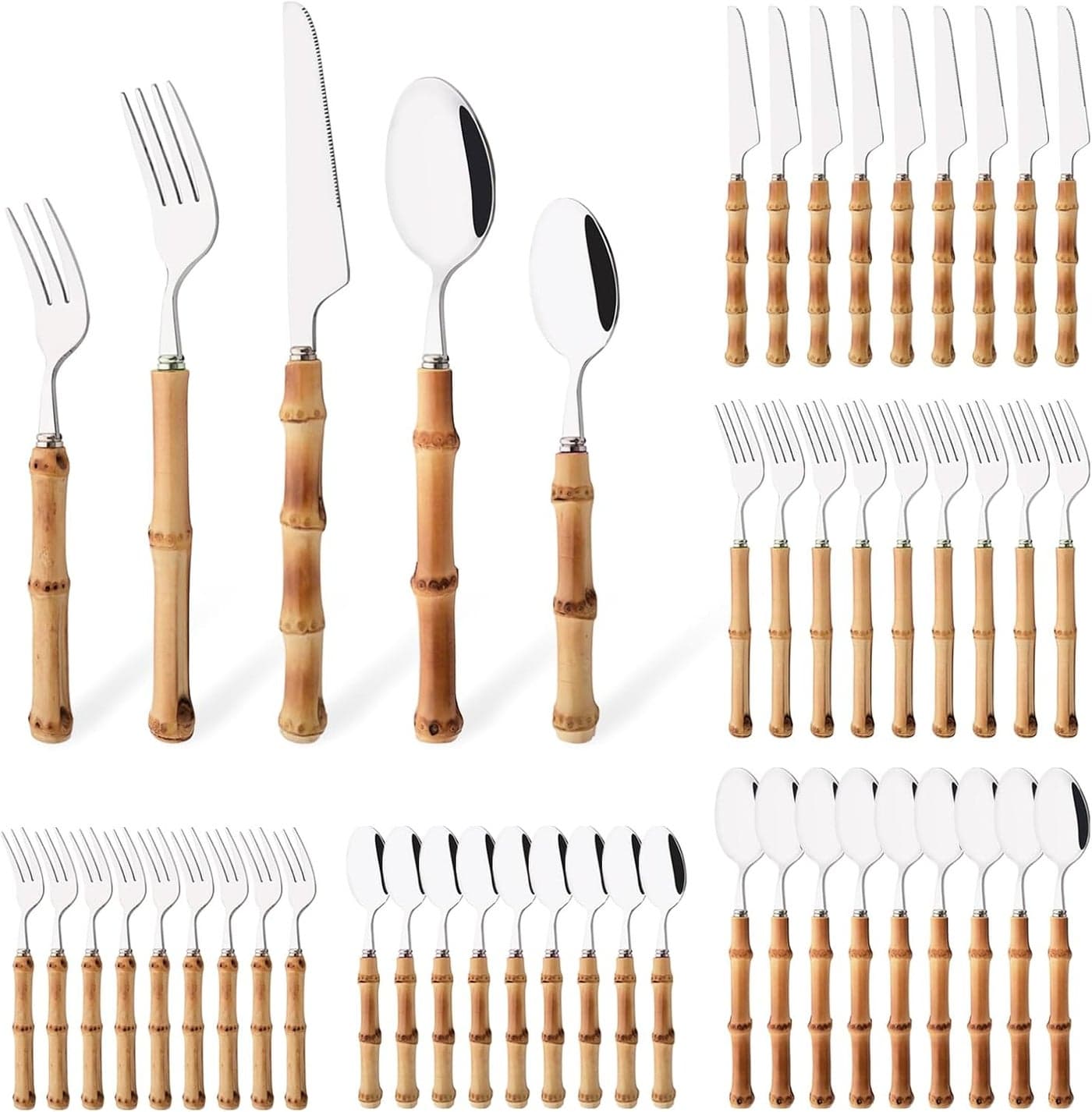50PCS Silverware Set for 10 Bamboo Handle Flatware Set Stainless Steel Cutlery Set for Home Restaurant and Party Bamboo Forks Spoons and Knives Set Polished Tableware