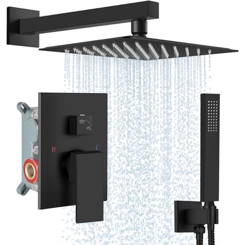 Midanya Shower Faucet Set,Wall Mount Shower System with Square Rain Shower Head and Hand Sprayer, Rough-in Valve Body and Trim Kit Included,10 Inch,Matte Black