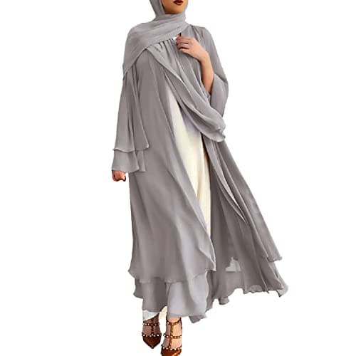 Women Muslim Cardigan Dress Chiffon Dubai Turkey Kaftan Open Front Kimono Abaya Robe Middle East Arabian Robe Caftan Islamic Dress One Piece Loose Full Cover Casual Ruffle Sleeve Robe Belted Gray S