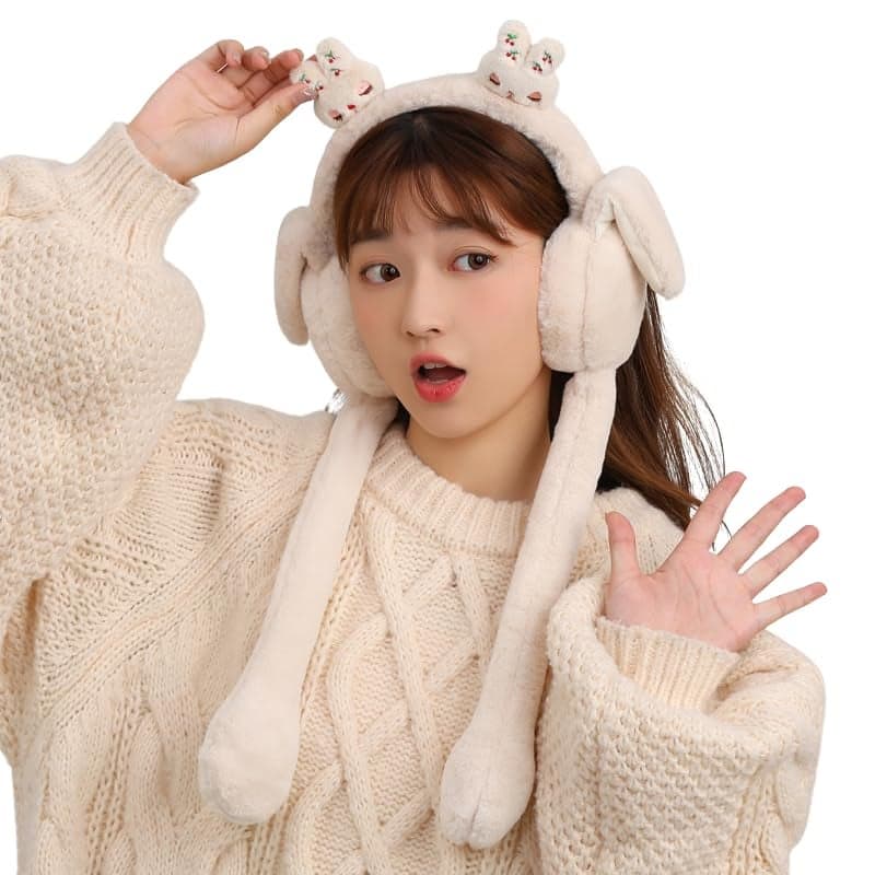 RR DESIGN Moving Ear Rabbit Plush Earmuffs, Pink Winter Warmer, Adjustable Woollen Headband (Off White)