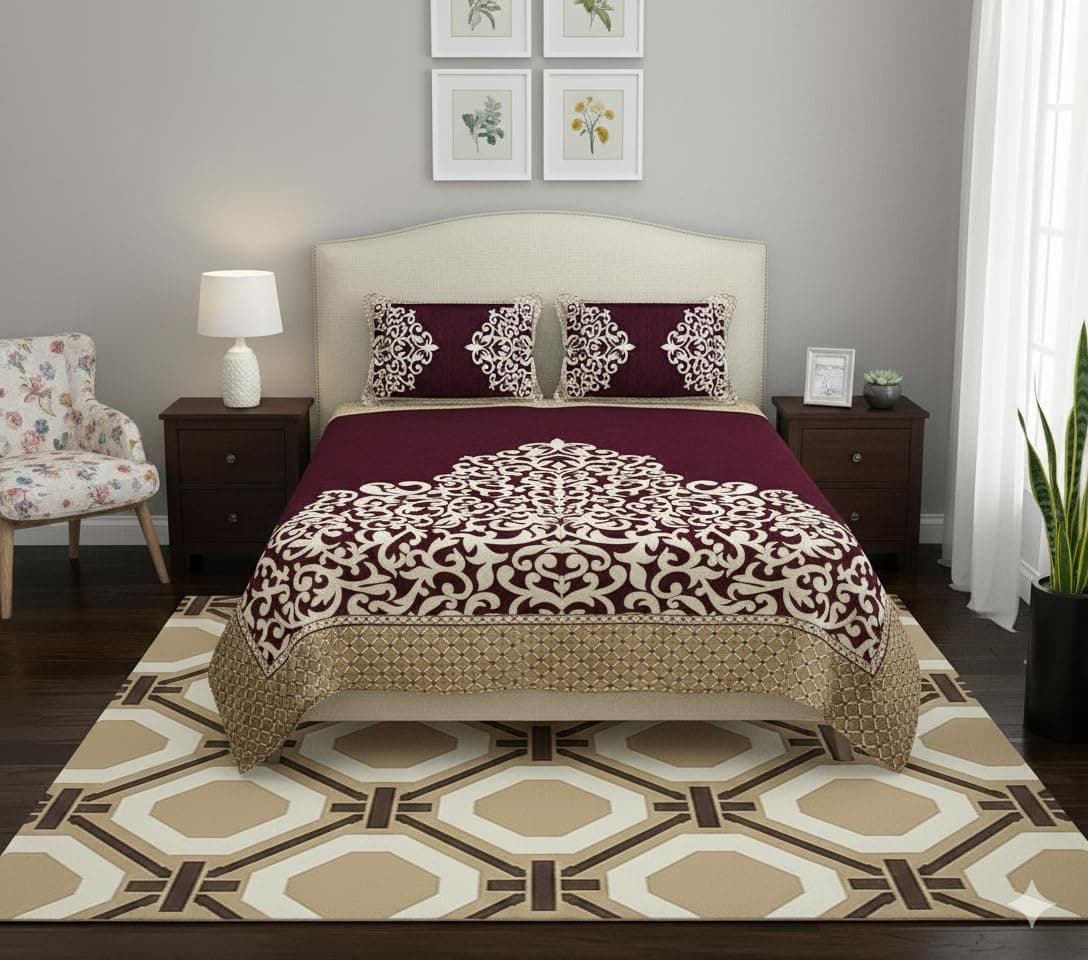 Fresh From Loom Chenille Velvet Floral 500 TC Heavy Bedsheet for Double Bed King Size - 90 x 100 inch Wine Color with 2 Pillow Covers