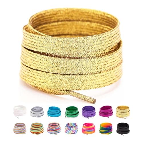 Booyckiy Flat Colorful Shiny Glitter Shoelaces, 2/5" Rainbow Shoe Laces for Sneakers Gold 55inch (140cm)