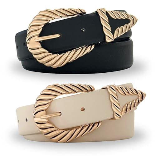 CITRUSY Boutique Western Belt 2-Pack | Country Western Fashion Cowgirl Belts for Women | Cute Chunky Gold Western Belt Buckle | Cream and Black PU Leather Belts (Rodeo Pack | Size XS-S)