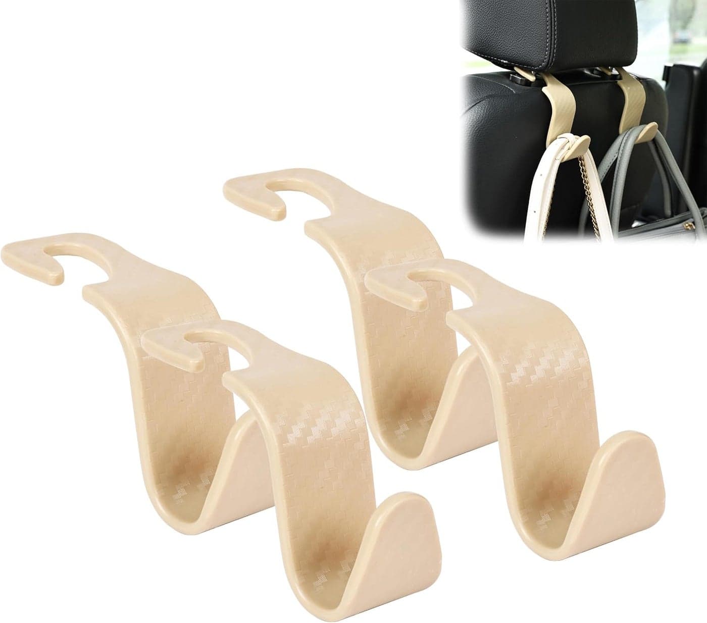 Amooca Car Seat Headrest Hook 4 Pack Hanger Universal Vehicle Car Storage Organizer for Handbag Purse Coat S Type Checkered Beige