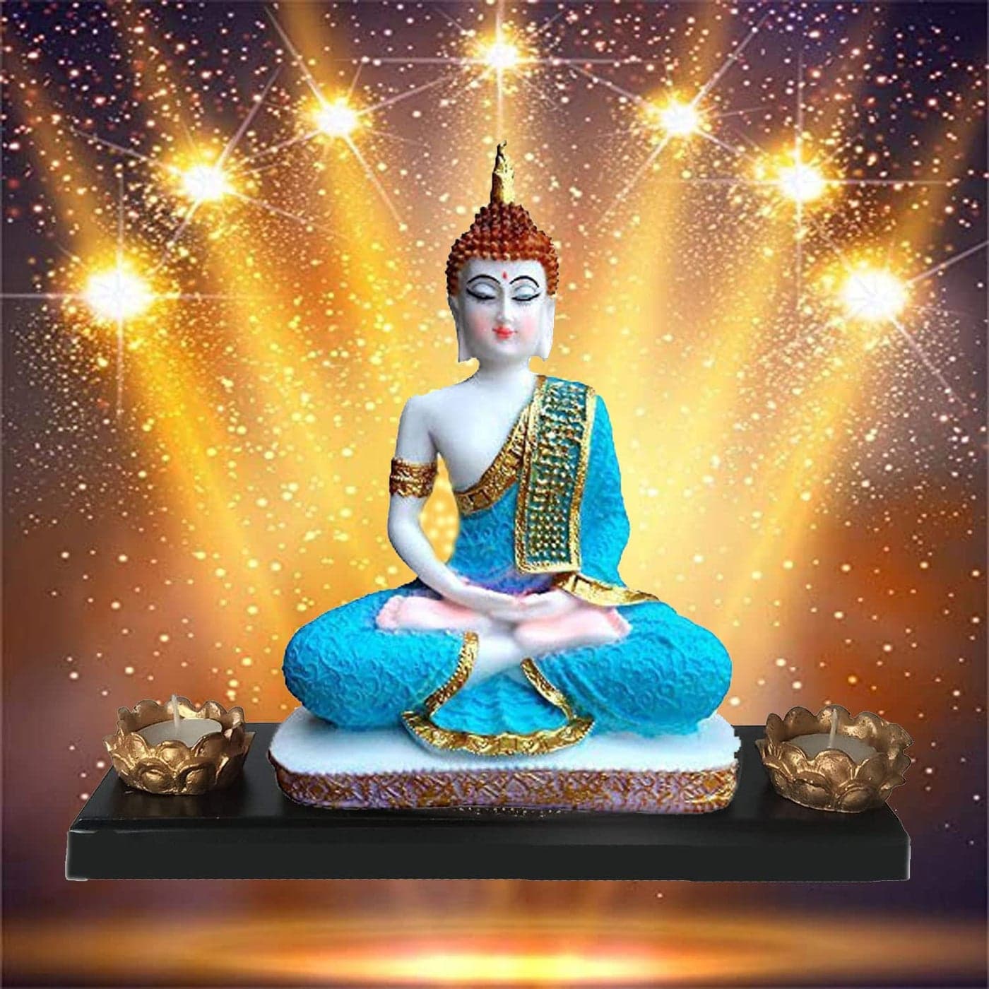SN Handicrafts Sitting Buddha Big Size Idol Statue Showpiece Buddha Tealight Candle Holder(SkyBlue 9'') with Tray Set for Home Wall Shelf Table Decoration