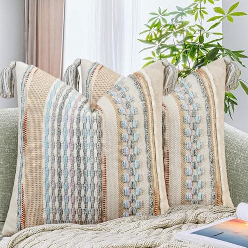 AmHoo Set of 2 Chenille Striped Textured Boho Throw Pillow Covers Aesthetic with Tassels Woven Decorative Pillow Case for Couch Bed Sofa Bedroom Modern Funky 18 x 18-Inch White Multicolor