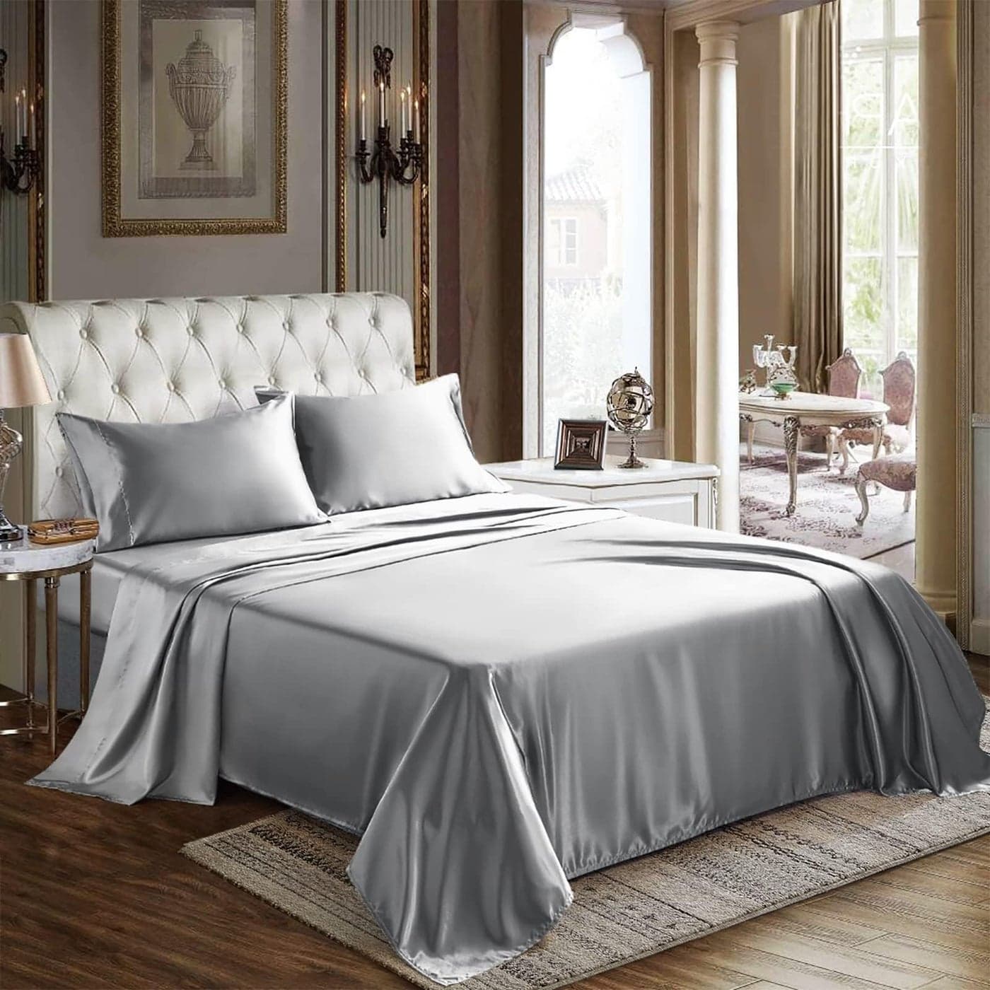 CozyLux Satin Sheets King Size 4 Piece Light Grey Bed Sheet Set with Silky Microfiber 1 Deep Pocket Fitted Sheet 1 Flat Sheet and 2 Pillowcases Smooth and Soft