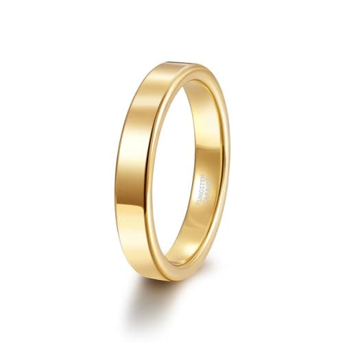 TRUMIUM 4mm Tungsten Rings for Women Men Wedding Bands 24K Gold Plated Beveled Edges Flat High Polished Comfort Fit Size 8