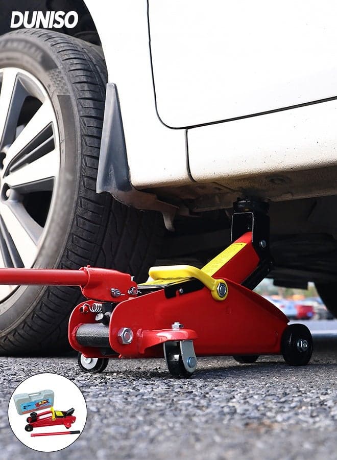 Hydraulic Trolley Car Lift Jack, Floor car jack with a capacity of 2 tons, equipped with a Storage plastic box for easy carrying and storage,Red