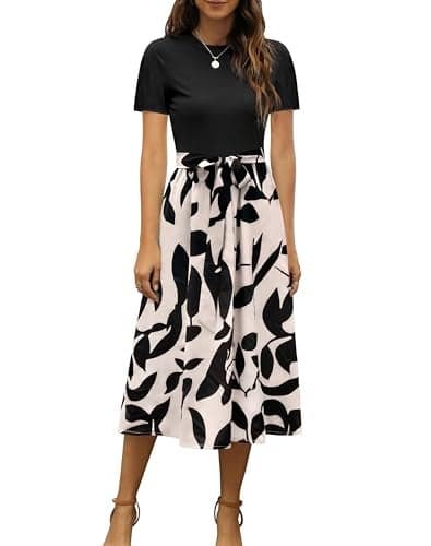 Zattcas Women 2025 Summer Dresses Short Sleeve Ribbed Teacher Church Modest Business Casual Work Outfits Midi Dress with Pockets Blackapricot XL