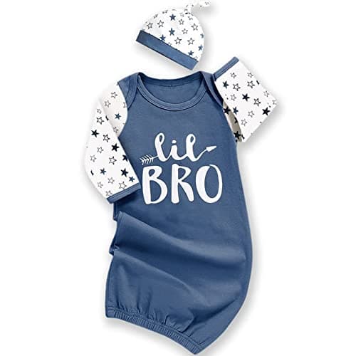 AMAWMW Newborn Baby Boy Little Brother Sleeper Gown Stars Long Sleeve Nightgown Pajamas Gifts Stuff Essential Outfit