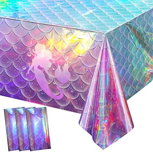 3Pcs Mermaid Iridescence Plastic Tablecloths,Mermaid Laser Table Cloths Holographic Foil Disposable Table Cover for Girls Birthday Wedding Disco Holiday Mermaid Themed Party Decorations 54 x108 inch