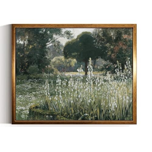 InSimSea Golden Framed Vintage Canvas Wall Art Summer Hyacinths Cottage Garden Landscape Meadow Painting Print 8x10inch, Fields Countryside White Flowers Green Trees Rustic Farmhouse Wall Décor