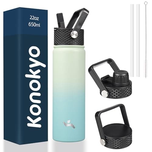 Konokyo 22oz Stainless Steel Bottles with 3 Lids Sport Insulated Water Bottle,Mint