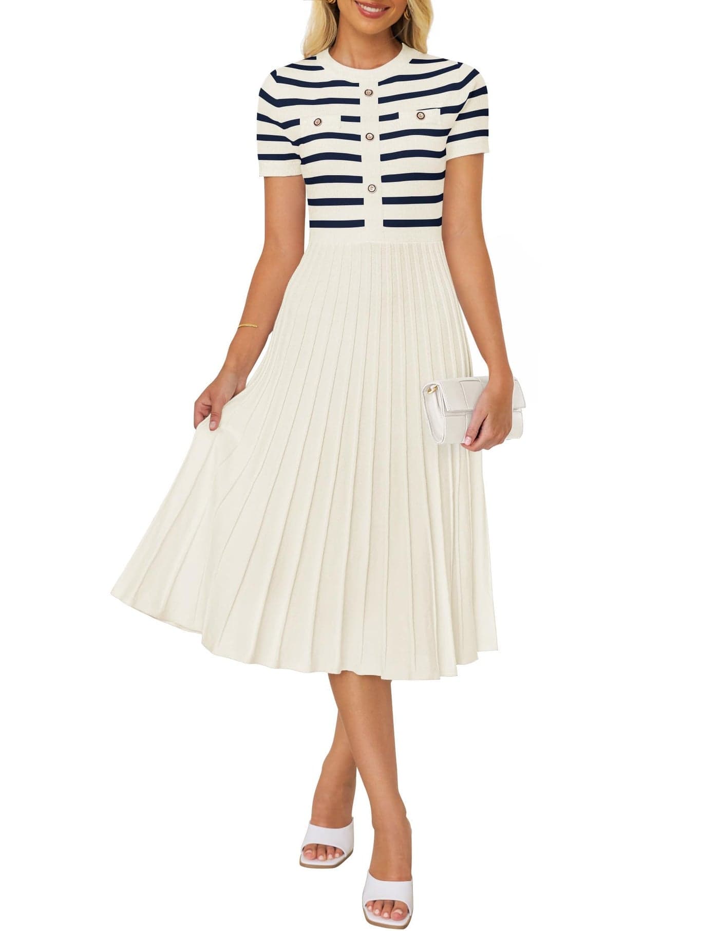 ZESICA Women's 2025 Casual Striped Midi Dress Crewneck Short Sleeve Button Ribbed Knit Swing Pleated A Line Dresses,Beige,Large