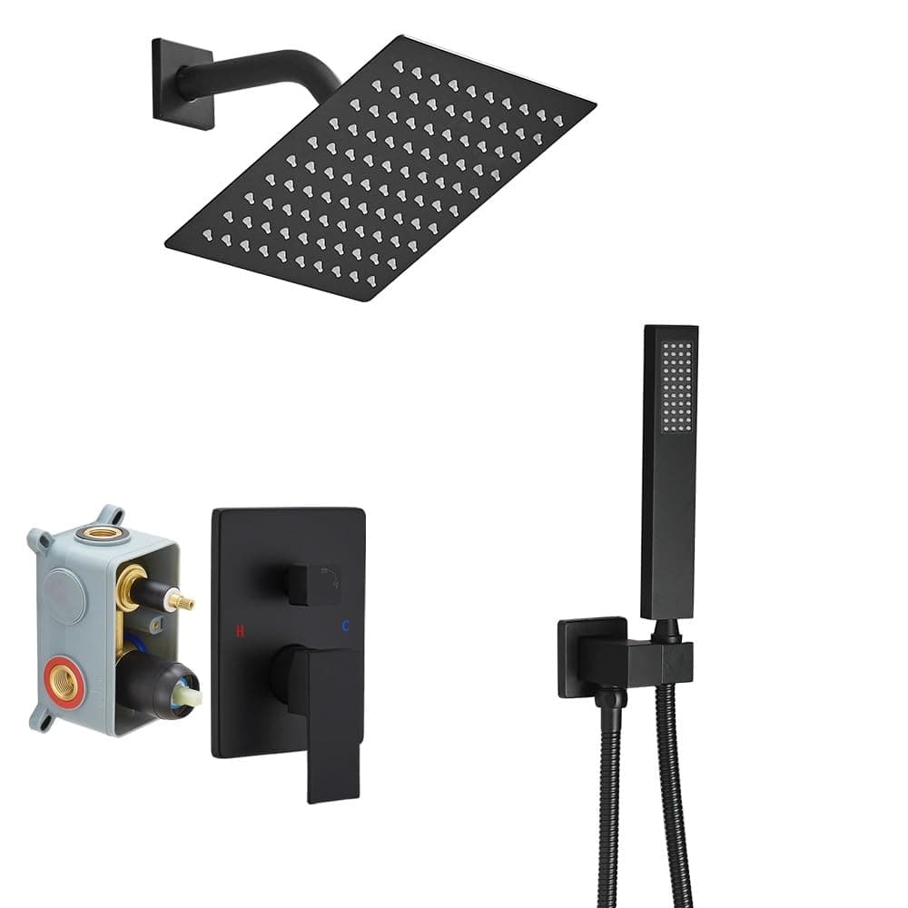 JingGang Matte Black Shower System Bathroom Rainfall Shower Faucet Set Complete Wall Mounted 8 Inch Shower Head and Handle Set with Roughin Valve Body and Trim Kit