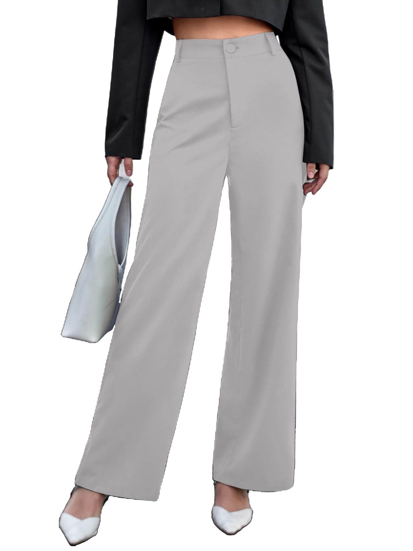 Aahwan Solid Grey High Waist Wide Leg High Rise Pants For Women's & Girls' (233-Grey-L)
