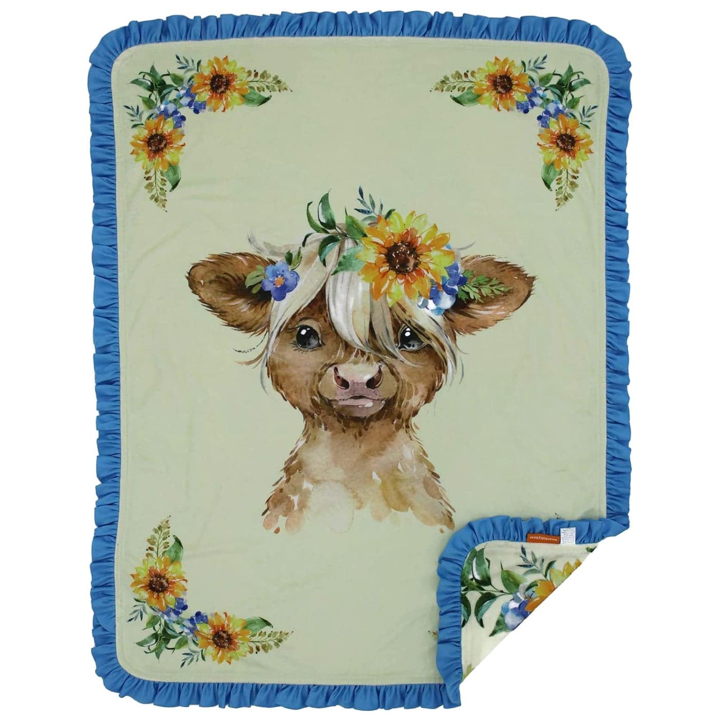 Dear Baby Gear Farm Deluxe Newborn Blanket Double Layer Reversible Milestone Infant Gifts for Girls and Boys Baby Calf with Sunflowers Printed Blanket with Blue Ruffle 43 x 33 Inches