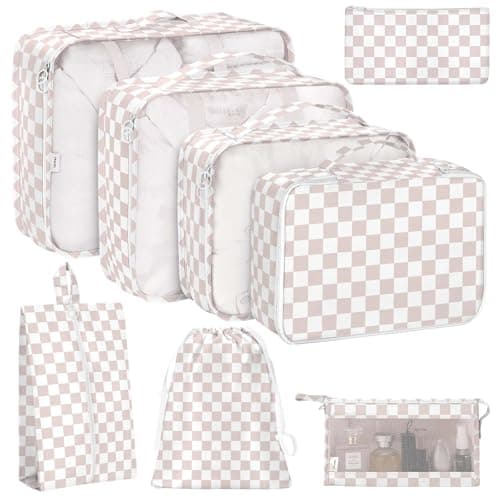 KPX 8 Set Packing Cubes for Travel Luggage Packing Organizers Accessories Large Toiletries Bag for Clothes Shoes Cosmetics 8SetNude Pink Plaid
