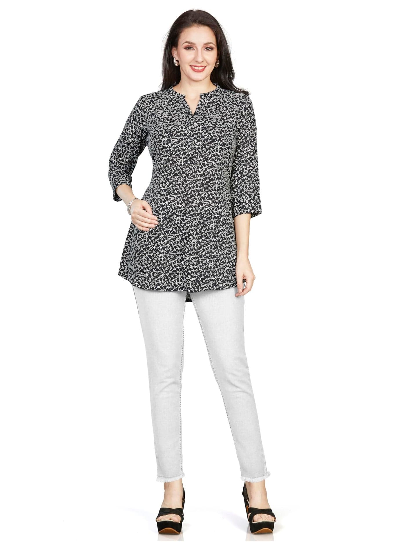 nioni Women’s Printed Black Crepe Tunic with Full Embellishment, 3/4 Sleeves & Mandarin Collar (M)