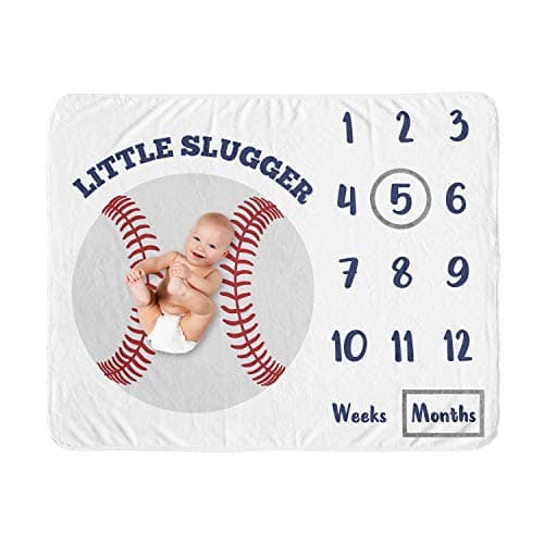 Sweet Jojo Designs Baseball Boy Milestone Blanket Monthly Newborn First Year Growth Mat Baby Shower Memory Keepsake Gift Picture Red White and Blue Americana Sports Little Slugger
