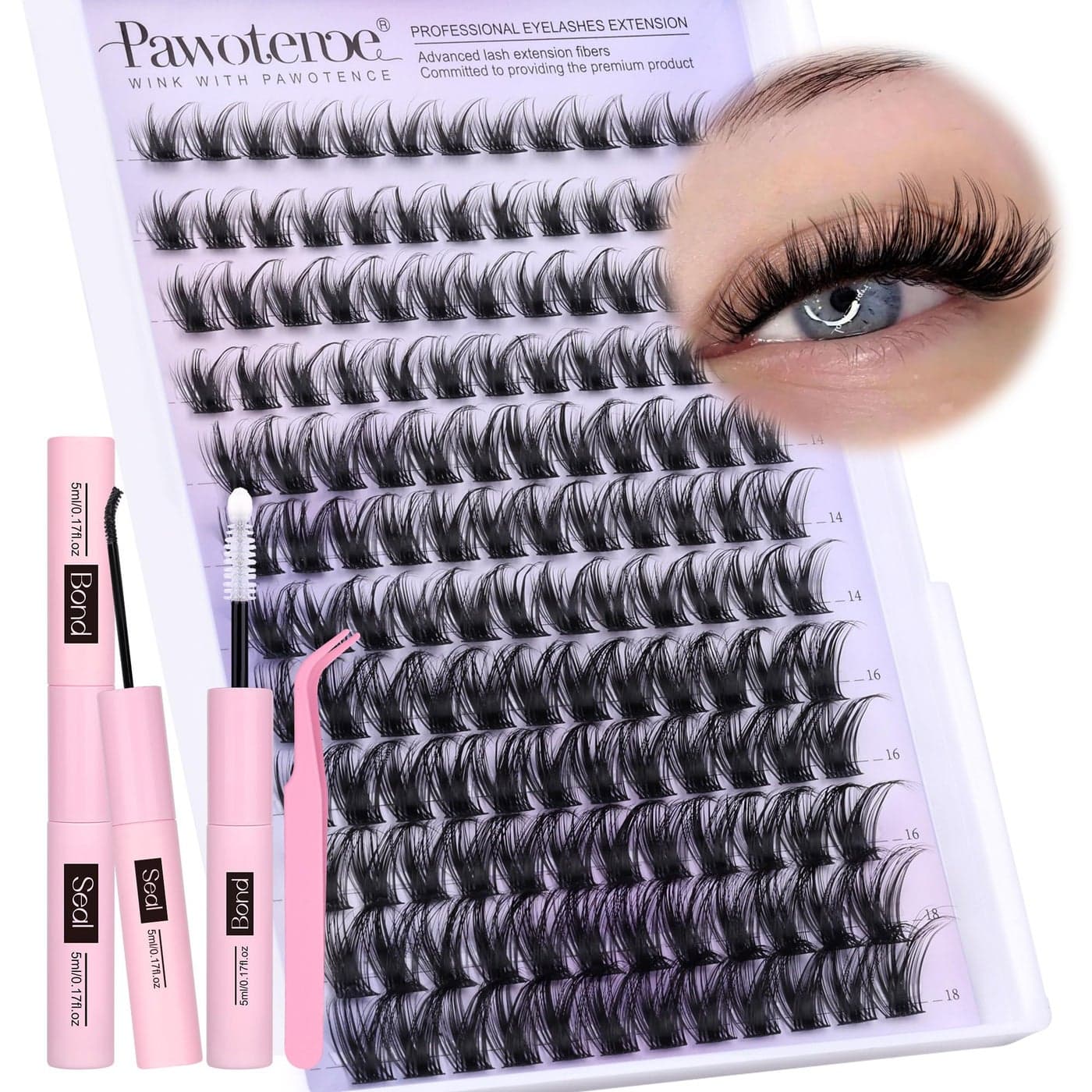 Pawotence Lash Clusters Kit Wispy Lash Extension Kit 1018mm Cluster Eyelash Extensions Kit Individual Lashes 144pcs Eyelash Clusters with Lash Bond and Seal Lash Tweezers for Self Use