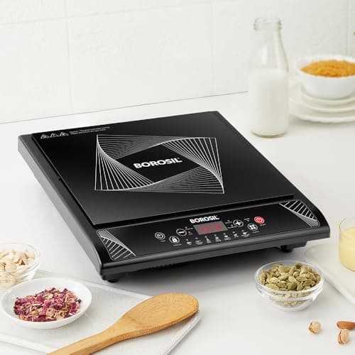 Borosil Smart Kook 1200W Induction | 7 Preset Indian Menu with Keep Warm & Manual Mode | Auto Cut-Off, LED Display, Overheat Protection, Crystal Glass Top, Child Lock, 8 Power Levels | 1 Year Warranty