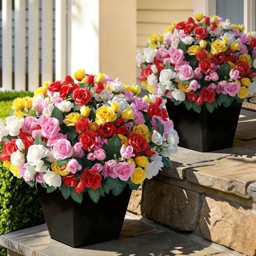 8 Bundles Artificial Roses for Front Door Outdoor Decor Realistic Fake Silk Bouquets Flowers Faux UV Resistant Real Looking Rose Plants for Garden Farmhouse Home Spring Summer Decor Mixed Color
