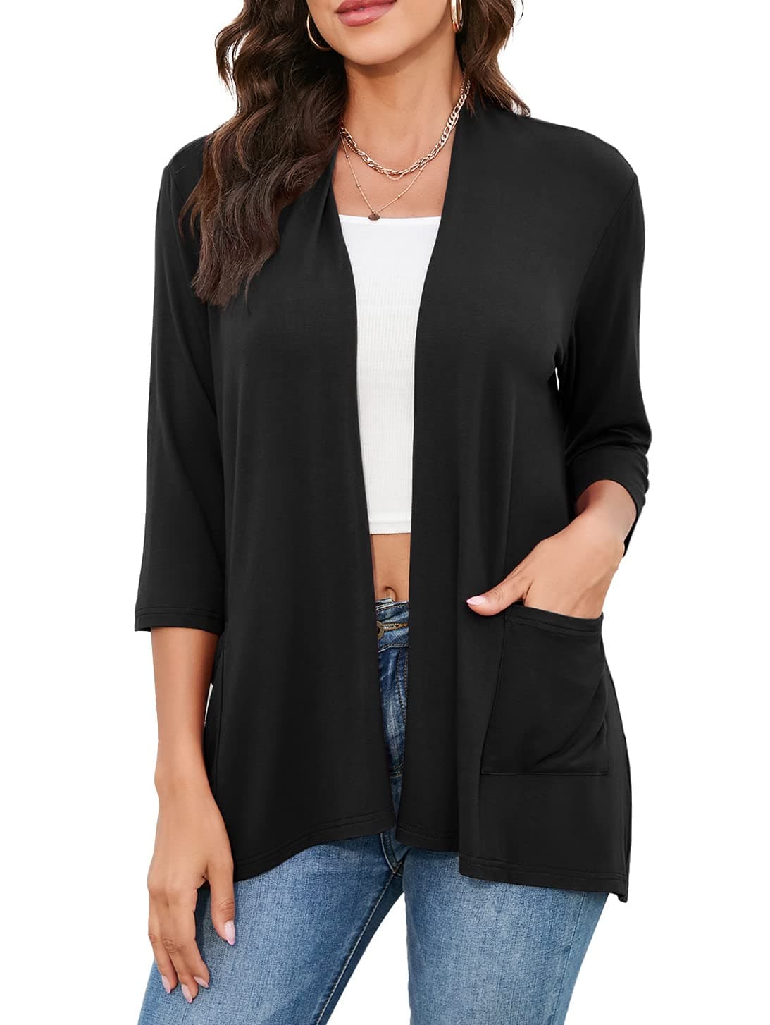 HIYIYEZI Women's Open Front Cardigans Lightweight 3/4 Sleeve Summer Soft Drape Cardigan with Side Pockets (Small, Black)