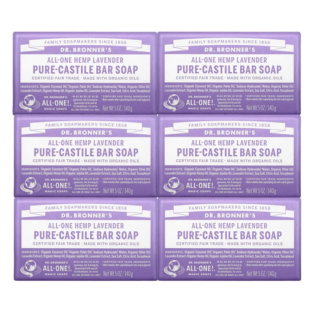 Dr Bronners PureCastile Bar Soap Lavender 5 ounce 6Pack Made with Organic Oils For Face Body and Hair Gentle and Moisturizing Biodegradable Vegan Crueltyfree NonGMO