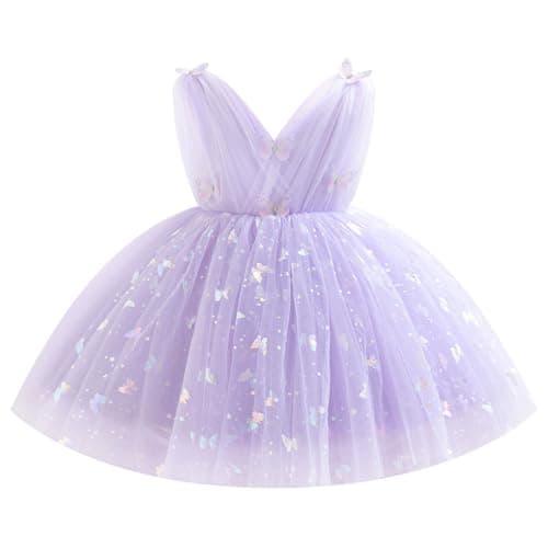 IDOPIP Toddler Baby Girls Shiny Butterfly Tutu Dress Princess Butterfly 1st Birthday Party Dresses Pageant Tulle V-backless Bowknot Flower Girl Wedding First Communion Baptism Gown Purple 18-24 Months