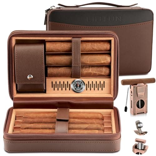 LIHTUN Cigar Humidor, Leather Cedar Wood Travel Cigar Case and Multifunctional in 1 Cigar Lighter Set Portable Travel Humidor Box Cigar Gift for Men (Brown)