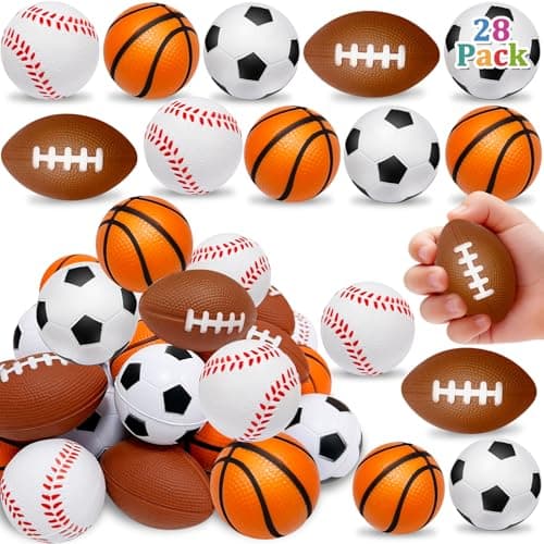 28 Pack Sports Stress Balls for Kids 48 812Goodie Bag Stuffers Soccer Football Squeeze Fidget Relief Toys for Kids Pinata StuffersClassroom PrizesBirthday GiftsSport Party Foam Bouncy Balls