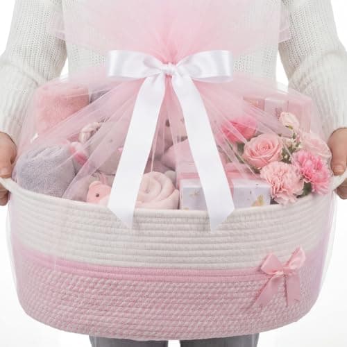 Colingmill Large Mothers Day Gift Basket Empty 17x13x76 Storage Basket with Gift Bag Ribbon and Tulle Gifts Card Paper Filler for DIY Baby Toy Baskets with Handles