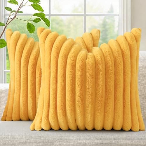 decorUhome Faux Fur Throw Pillow Covers 18x18 Set of 2 Decorative Soft Plush Striped Neutral Couch Euro Pillow Covers with Velvet Back for Sofa Bed Living Room Home Decor Mustard Yellow