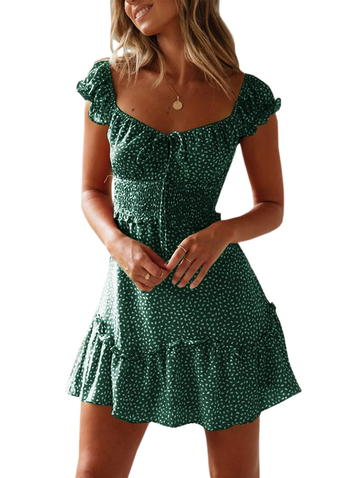 YOBECHO Womens Summer Ruffle Sleeve Sweetheart Neckline Printing Dress Mini Dresses Dark Green
