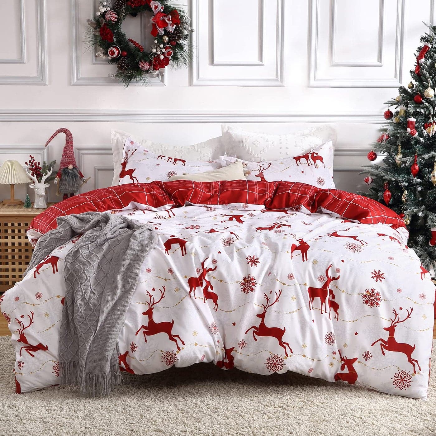 CAROMIO Christmas Duvet Cover Queen Reversible Printed Comforter Cover Set Holiday Decorative Bedding Soft Microfiber Red Duvet 2 Pillow Shams Reindeer and Snowflake Pattern